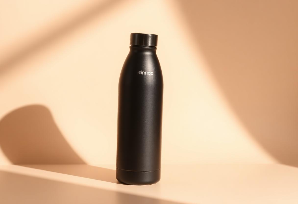Matte black insulated SeeVed steel water bottle on a warm ivory background