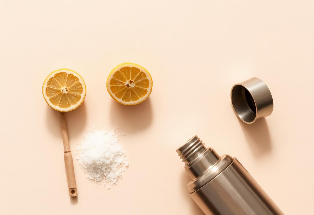 Bottle cleaning essentials: brush, lemon, salt and a disassembled steel bottle