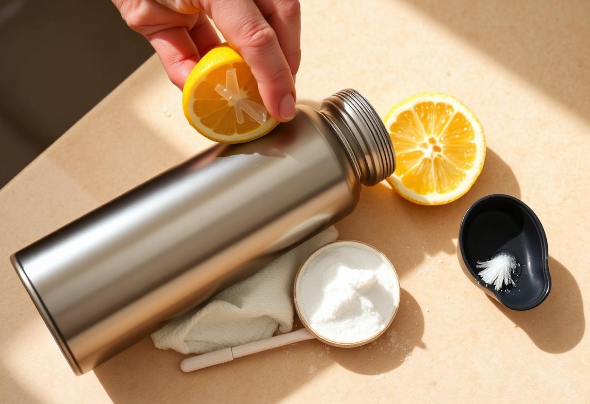 Steel bottle being cleaned with lemon, baking soda and a brush