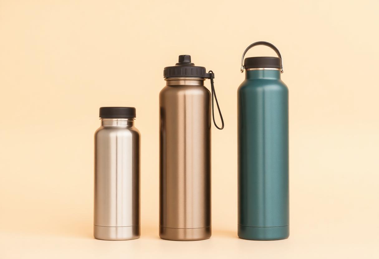 Three insulated steel water bottles of increasing size on an ivory background
