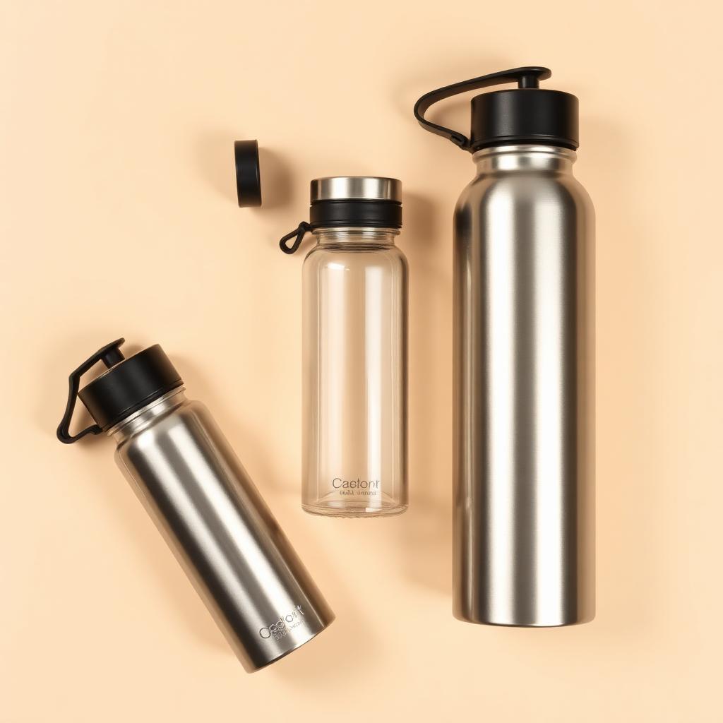 Three water bottles of different sizes on an ivory background