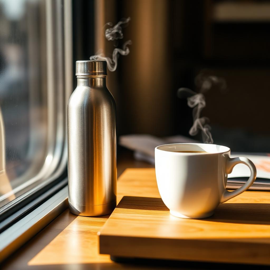 Insulated steel bottle with steam beside a coffee cup on a commute