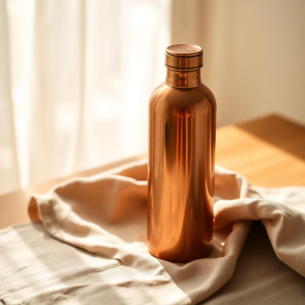 Polished copper bottle on linen cloth in warm morning sunlight