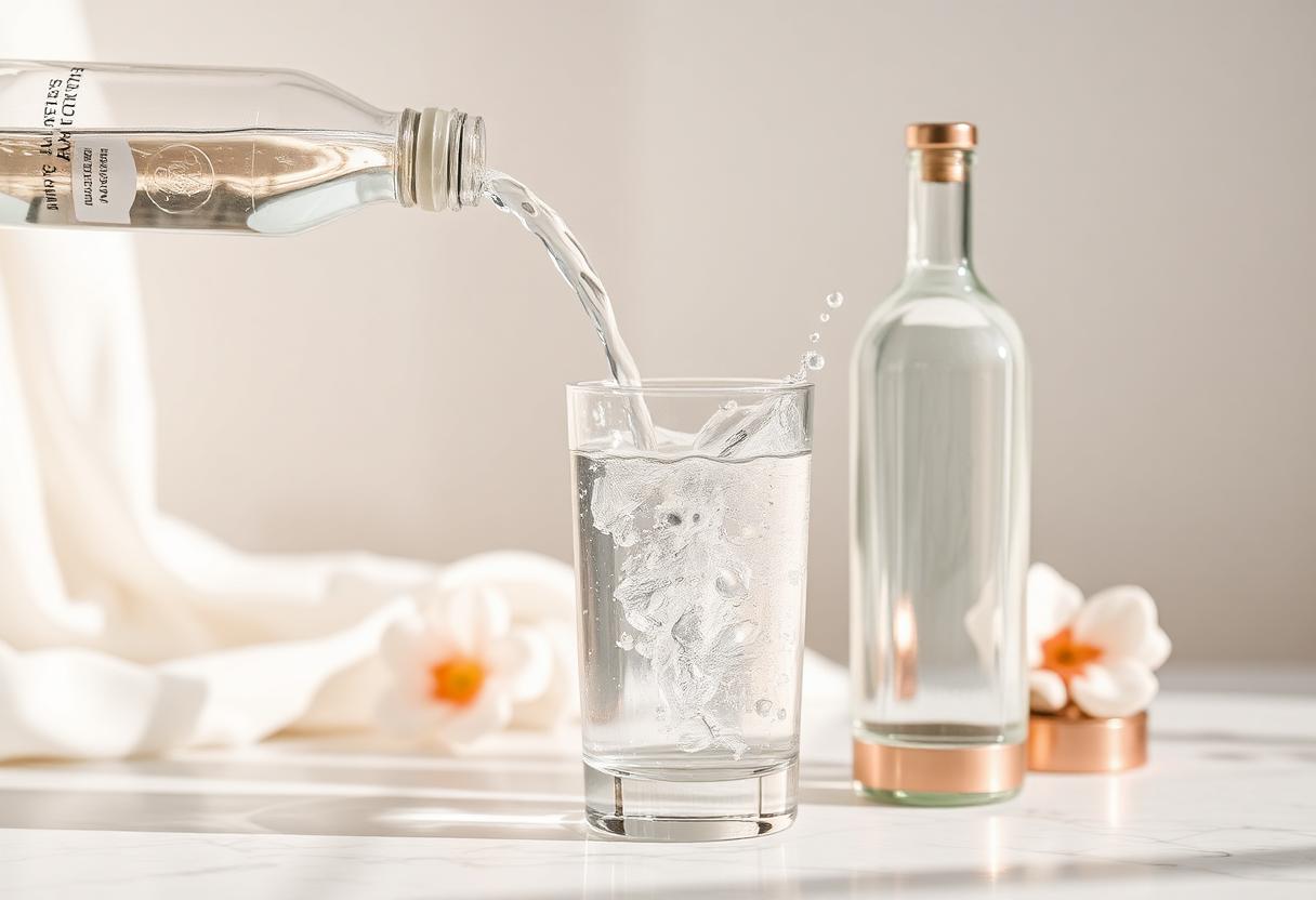 Fresh water being poured into a glass beside a bottle