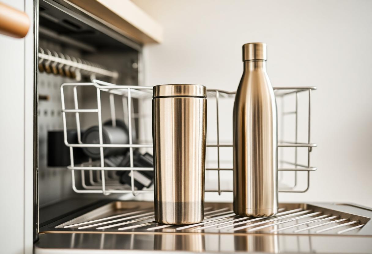 Insulated tumbler and steel bottle beside a dishwasher rack in a bright kitchen