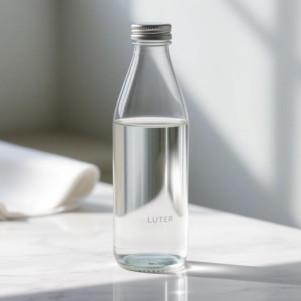 Clear borosilicate glass bottle of water on a marble surface in bright light