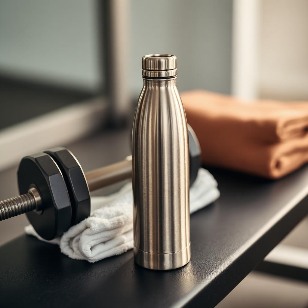 Insulated steel bottle on a gym bench beside a dumbbell and towel