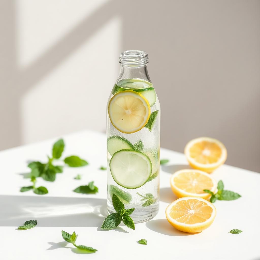 Glass bottle of infused water with lemon, cucumber and mint