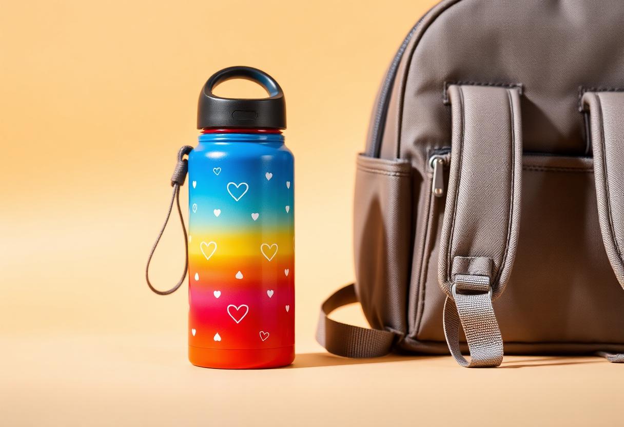 Colourful insulated kids water bottle beside a school backpack