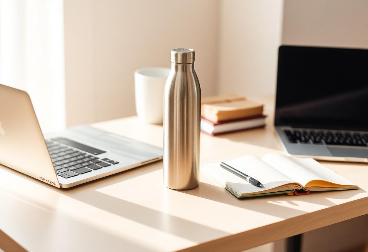Insulated steel bottle on a tidy office desk beside a laptop and notebook