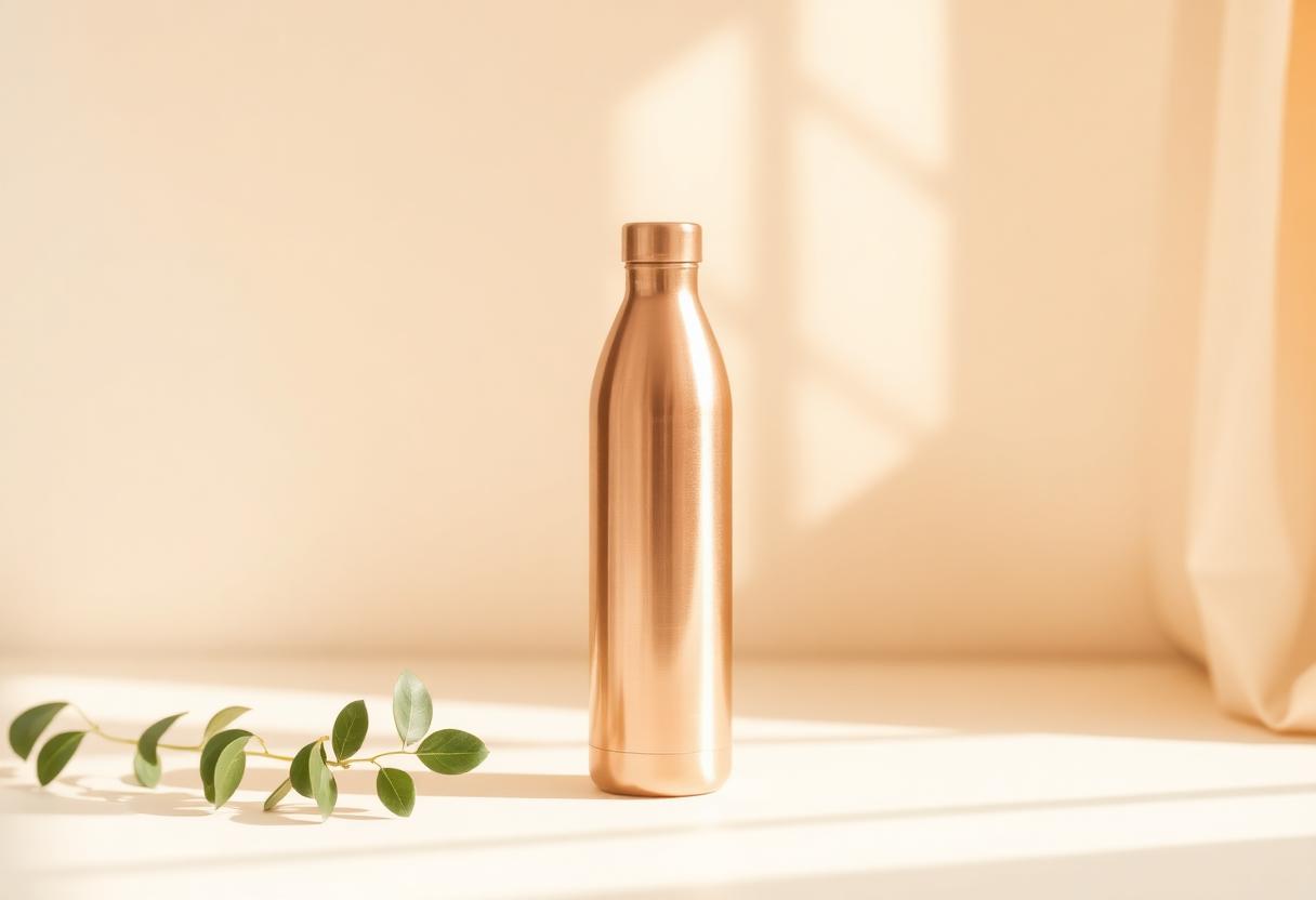 A single copper bottle beside a sprig of green leaves in warm light