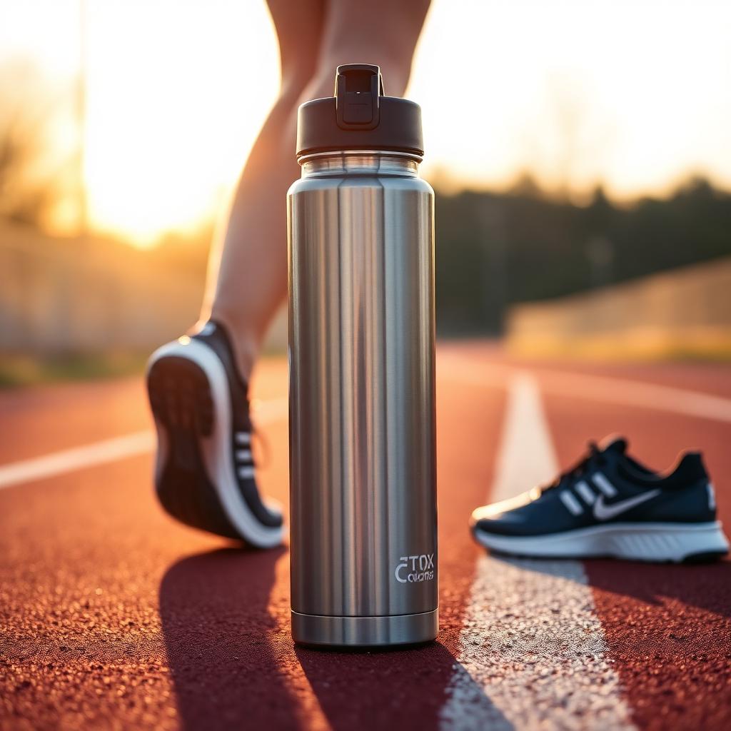 Insulated bottle on a running track at golden hour beside running shoes
