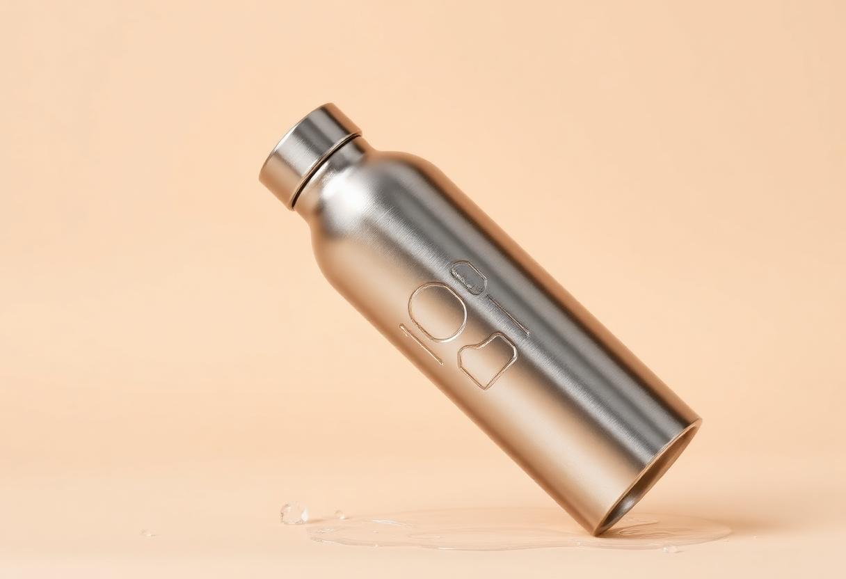 Brushed stainless steel water bottle with water droplets on ivory background