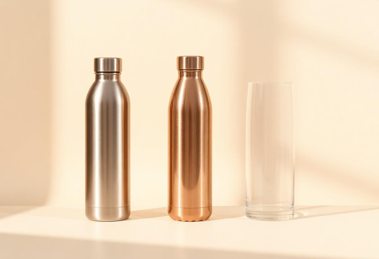 Stainless steel, copper and glass bottles side by side on ivory background