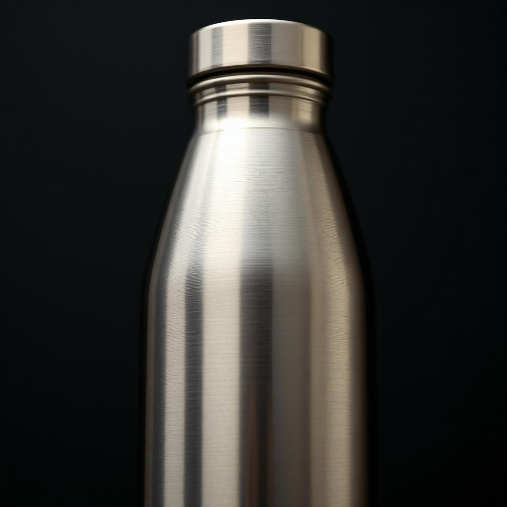 Macro shot of a brushed stainless steel bottle on a dark background