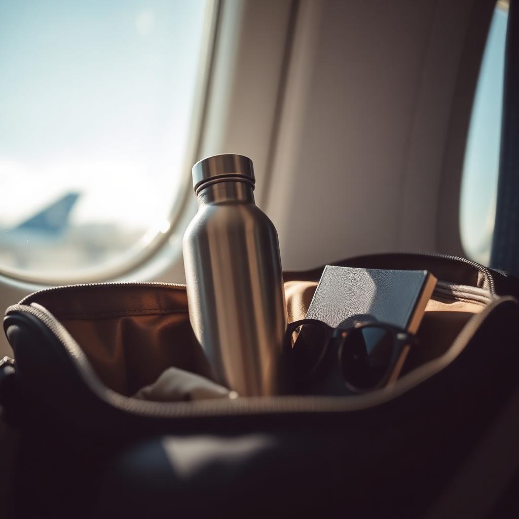 Insulated steel bottle in a travel bag with passport and sunglasses