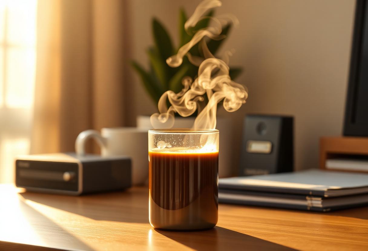Steam rising from hot coffee in an insulated steel tumbler on a warm desk