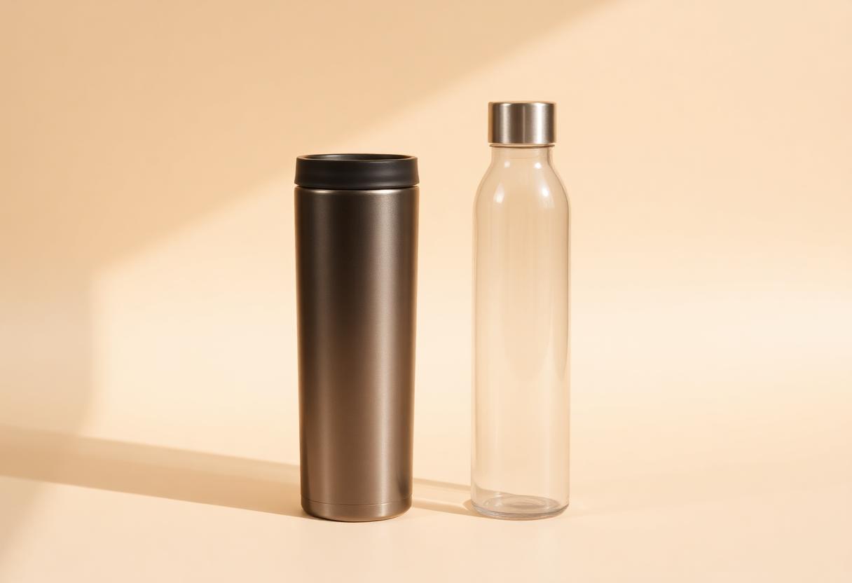 An insulated tumbler beside a slim water bottle on a warm ivory background
