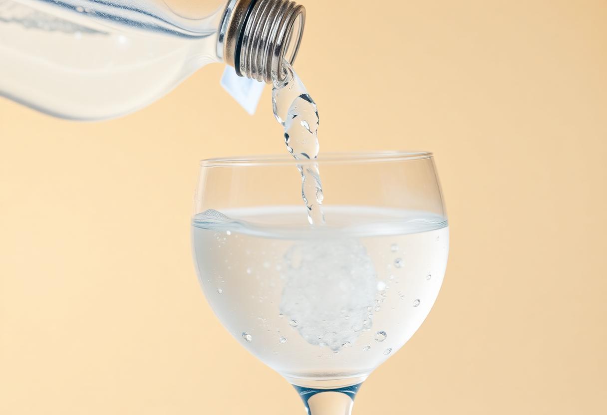 Clear water being poured from a steel bottle into a glass
