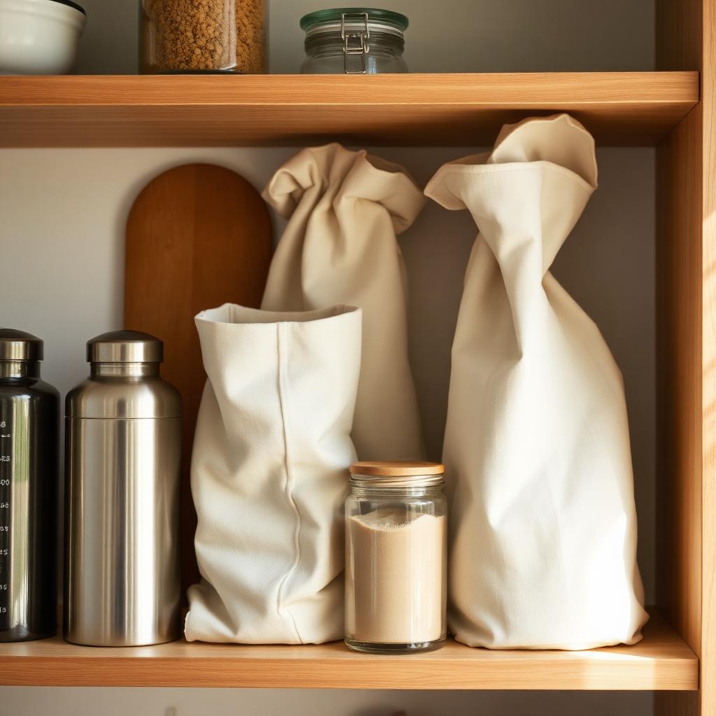 Zero-waste kitchen shelf with reusable bottles, cloth bags and glass jars